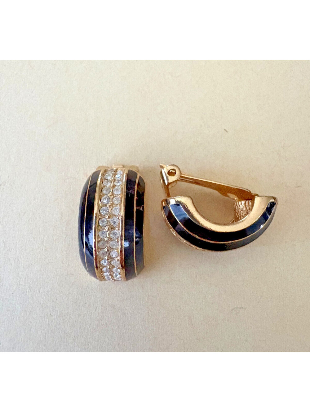 Vintage Christian Dior Gold Tone Black Enamel Pave Rhinestone Clip Earrings Glam